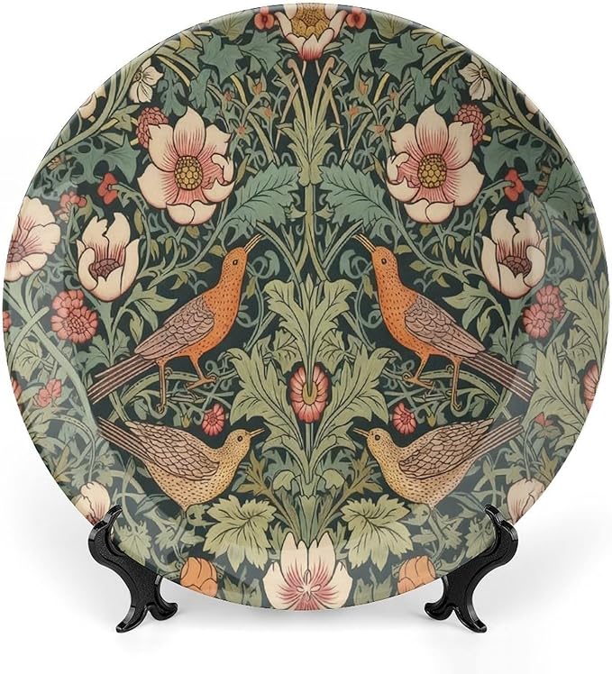 Christmas Ceramic Decorative Plate for Display William Morris Forest Flowers And Birds Household Kitchen Supplies Wall Hanging Decorative Plate with Display Stand Customize Gifts for Women, More Size