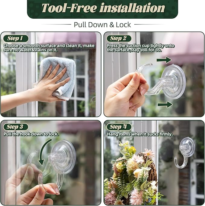 Amuille Wreath Hangers for Front Door, 2 Pack Large Suction Cup Wreath Hooks, Clear Wreath Hanger for Glass Window, Shower, Kitchen, Christmas Wreaths, Holds up to 18 lbs