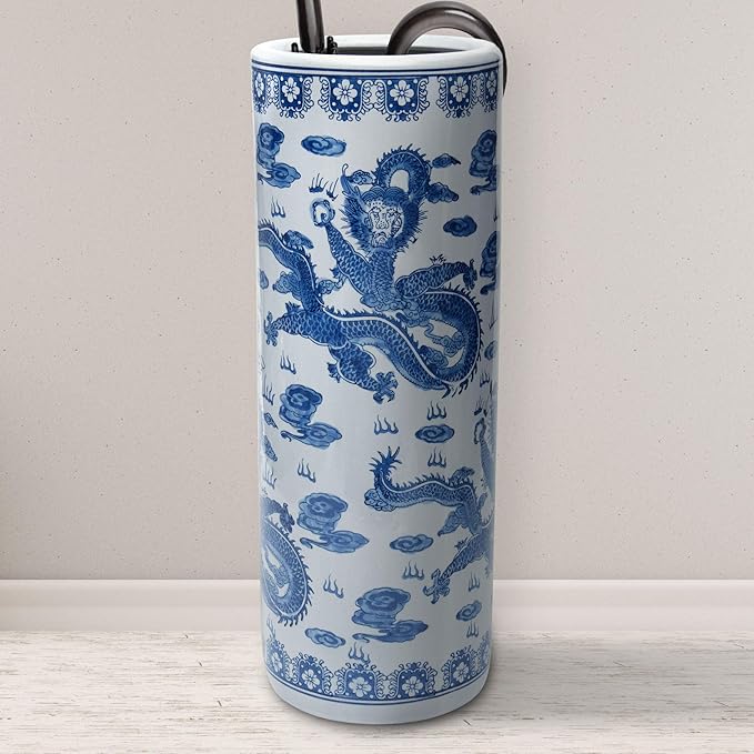 Red Lantern 24" Dragon Blue & White Porcelain Umbrella Stand for Indoor/Outdoor Use in Garden Entryway Living Room Boho Eclectic Modern Contemporary Classic Traditional Style Decor