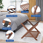 Smuxee Fully Assembled Walnut Luggage Rack, Upgraded Bamboo Foldable Suitcase Stand with 5 Nylon Straps, Luggage Holder with Shelf for Guest Room Bedroom Hotel