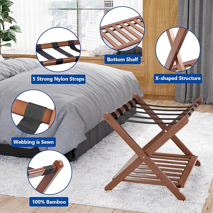 Smuxee Fully Assembled Walnut Luggage Racks Pack of 2, Upgraded Bamboo Foldable Suitcase Stand with 5 Nylon Straps, Luggage Holder with Shelf for Guest Room Bedroom Hotel