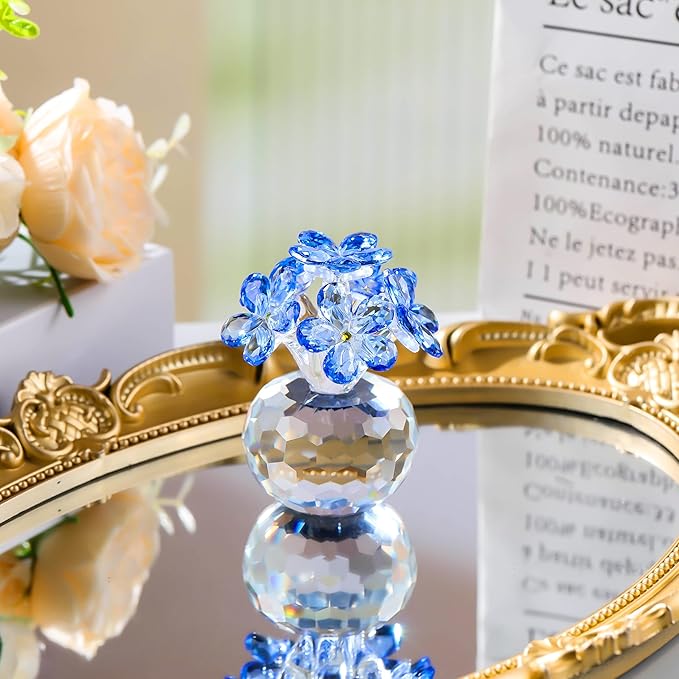 Qianwei Blue Crystal Flowers Figurine - Forget Me Not Gifts Sympathy Glass Flowers Collectible Figurines Decor Paperweight Ornament Home Office Table Desk Decorations