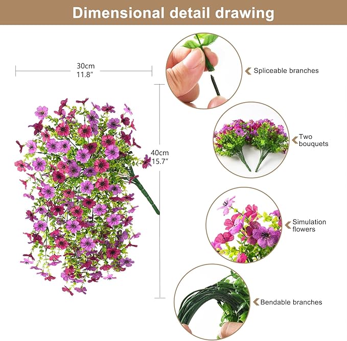 Artificial Hanging Flowers for Outdoors Spring Decoration, 2PCS Silk Fake Daisy Realistic Outdoor Flowers UV Resistant Porch Patio Window Yard Decor(Light Purple Red)