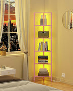 TUTOTAK Corner Shelf with LED Light, 6-Tier Corner Bookshelf for Small Space, Narrow Display Corner Shelf Stand with Storage Rack, for Living Room, Bedroom, Pink BS05BP006L