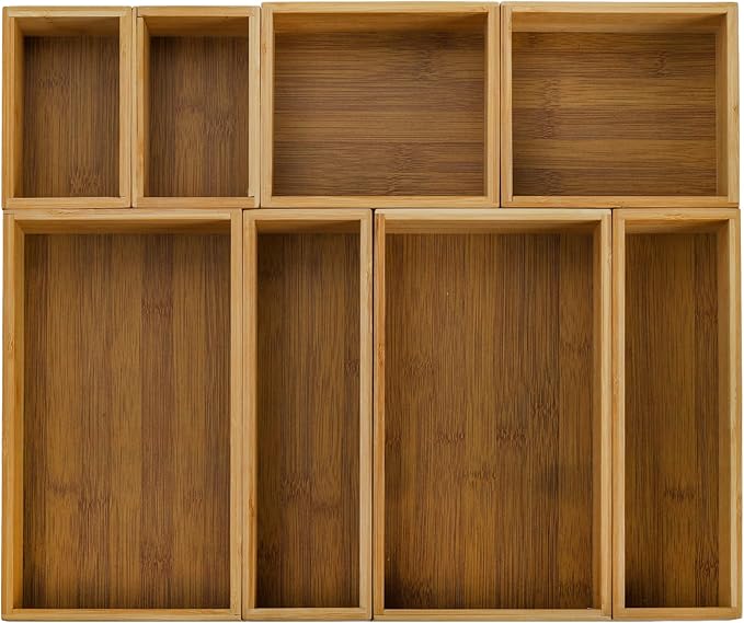 Lawei 8 Pieces Bamboo Drawer Organizer Boxes, Stackable Drawer Organizer Storage Tray 4-Size, Versatile Dividers Cutlery Holders Bins Containers for Kitchen, Bathroom, Office Desk, Makeup, Jewelry