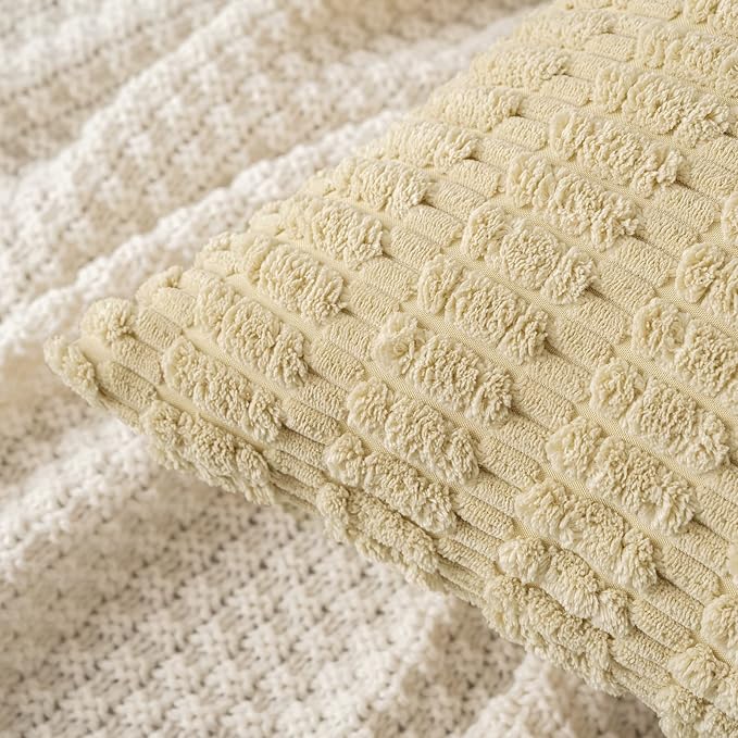 MIULEE Pack of 2 Corduroy Decorative Throw Pillow Covers 18x18 Inch Soft Boho Striped Pillow Covers Modern Farmhouse Home Decor for Sofa Living Room Couch Bed Beige