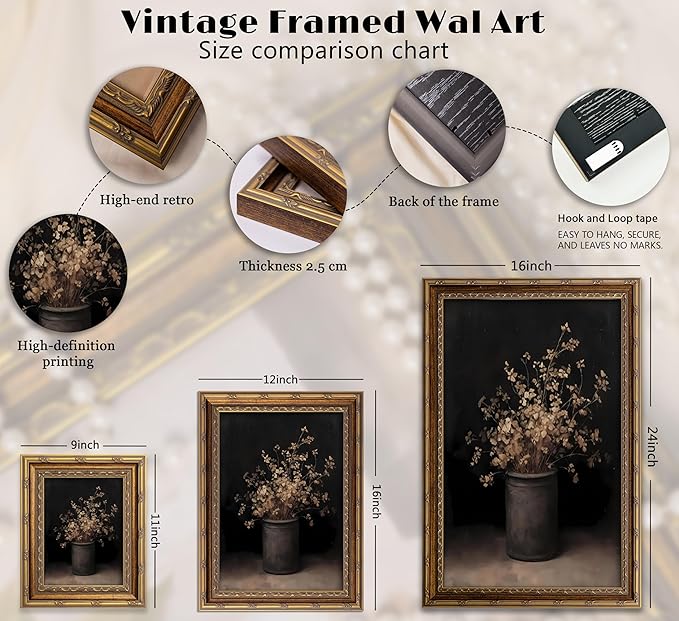 Vintage Gold Framed Wall Art Fall Dried Flowers Antique Vase Country Oil Painting Canvas Prints Dark Moody Rustic Still Life Picture Gothic Victorian Botanical Poster Artwork for Bedroom, 9x11in
