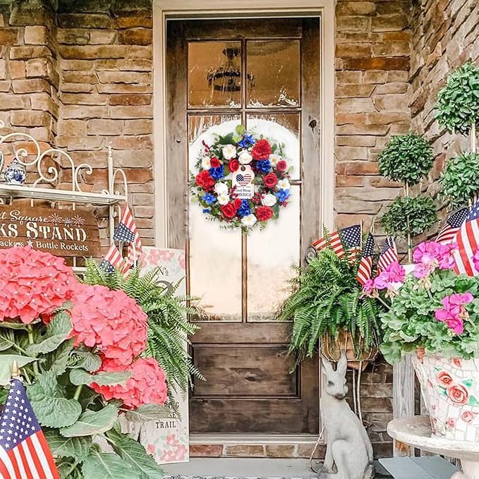Idyllic 20Inch 4th of July, Patriotic, Independence Day Wreath for Front Door, Red White and Blue Flower Memorial Day, Independence Day Wreath for Front Door Wall Window Decor