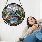 Stained Glass Window Hanging, Blue Landscape Arch Bridge Sun Catcher for Door Home Decor Suncatcher Christmas Mother's Day Birthday Gifts for Women Men Mom and Nana 9.8 in