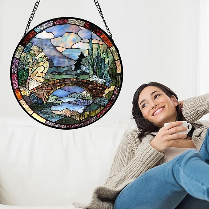 Stained Glass Window Hanging, Blue Landscape Arch Bridge Sun Catcher for Door Home Decor Suncatcher Christmas Mother's Day Birthday Gifts for Women Men Mom and Nana 15 in