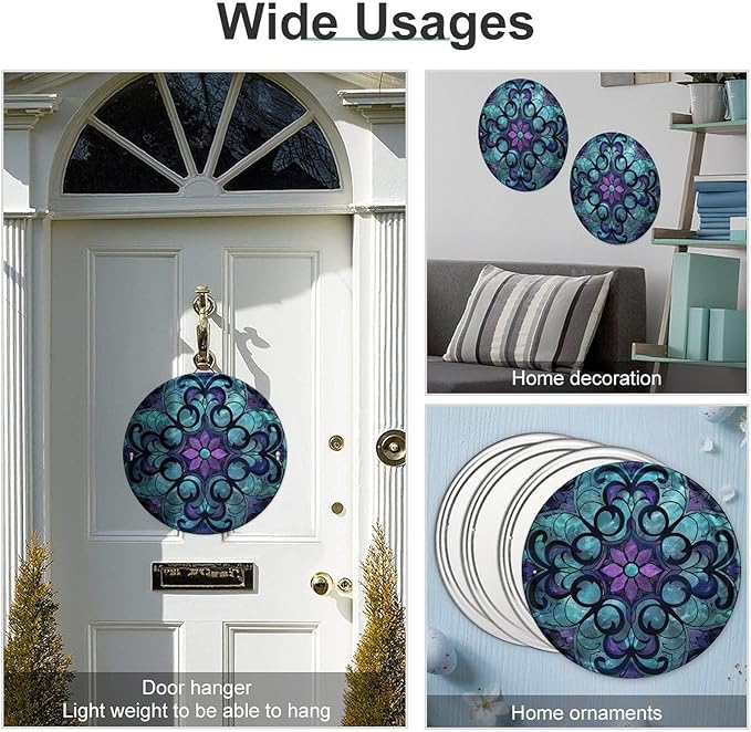 Wall Picture, with Stained Glass Pattern Printed Circular Iron Hanging Picture,Wall Art Decor,Home for Bedroom Living Room Bathroom Decor,Iron Painting 11.8X11.8 in