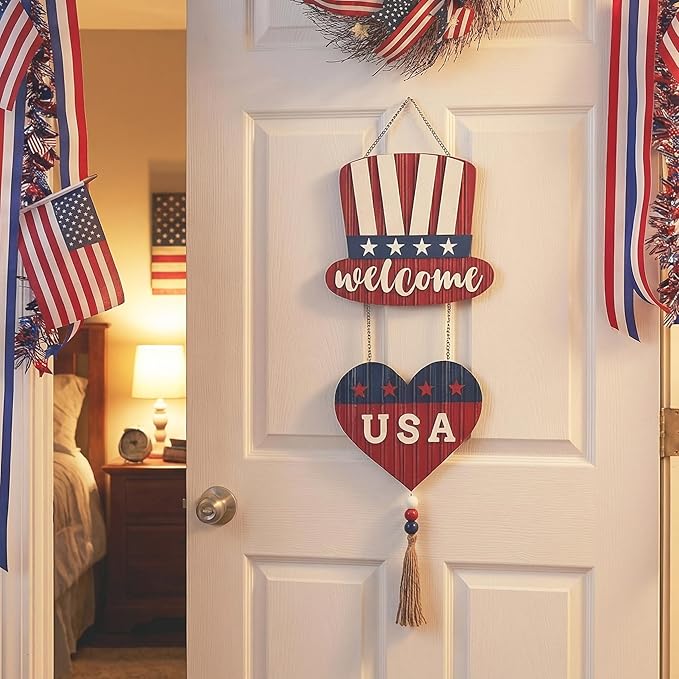 Valery Madelyn 4th of July Wreath, Patriotic Wreath for Front Door, Red White and Blue Top Hat and Heart Wall Signs for Memorial Day Independence Day USA 250th Anniversary, 28 inch
