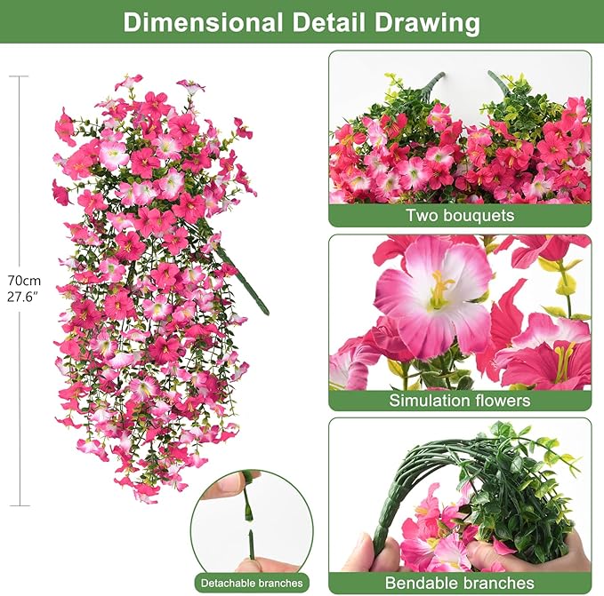 Artificial Fake Hanging Flowers Plants for Outdoor Spring Decoration,2 PCS Faux Silk Morning Glory with Eucalyptus Leaves,UV Resistant Realistic Trailing Vines for Balcony Porch Patio Yard Garden