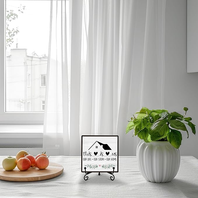 Welcome Home Sign, Home Kitchen Decor and Accessories, This Is Us Sign, Farmhouse Wooden Plaque with Iron Stand for Living Room Bedroom Table Shelf Decor-A18