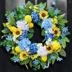24in Spring Summer Wreaths for Front Door, Artificial Sunflower Lemon Wreath with Blue Hydrangeas, Luxury Colorful Floral Wreath for Indoor Outdoor Farmhouse Home Wall Porch Window Summer Wreath