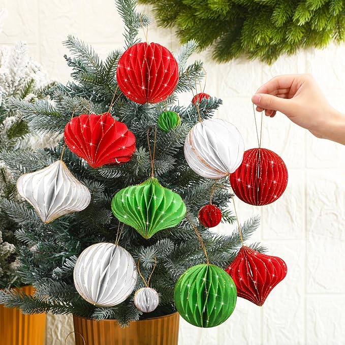 TecUnite 50 Pcs Christmas Paper Honeycomb Ornaments for Tree Vintage 3D Mini Glitter Edge Paper Christmas Ornament Honeycomb Tree Hanging Neutral Boho Holiday Xmas Party Decoration(Red White Green)