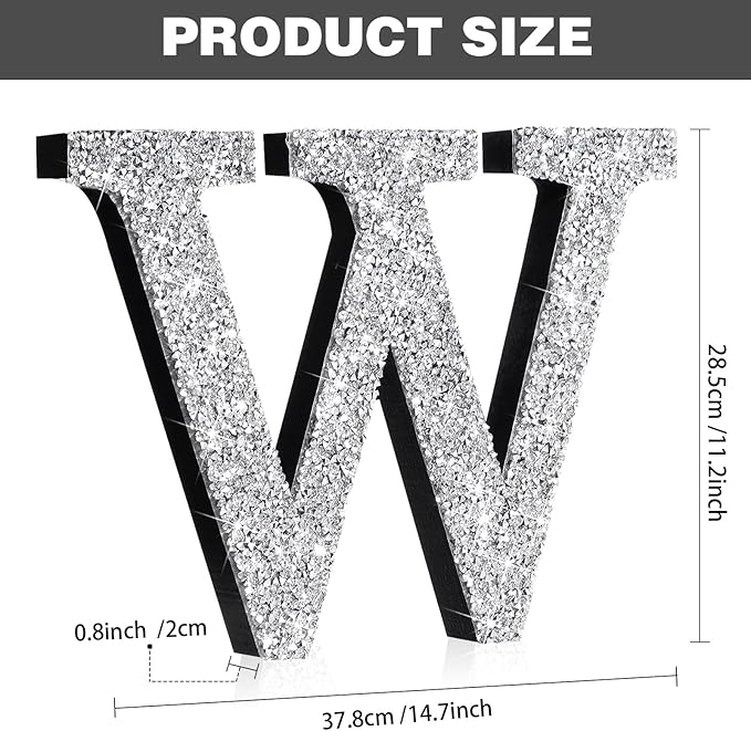 Qunclay 12'' Silver Crystal Diamond Bling Letters Crushed Diamond Decoration Wooden Glitter Letter with Screw and Hooks Rhinestone Gift for Wedding Y2k Mcbling Bedroom Wall Decor (Letter W)