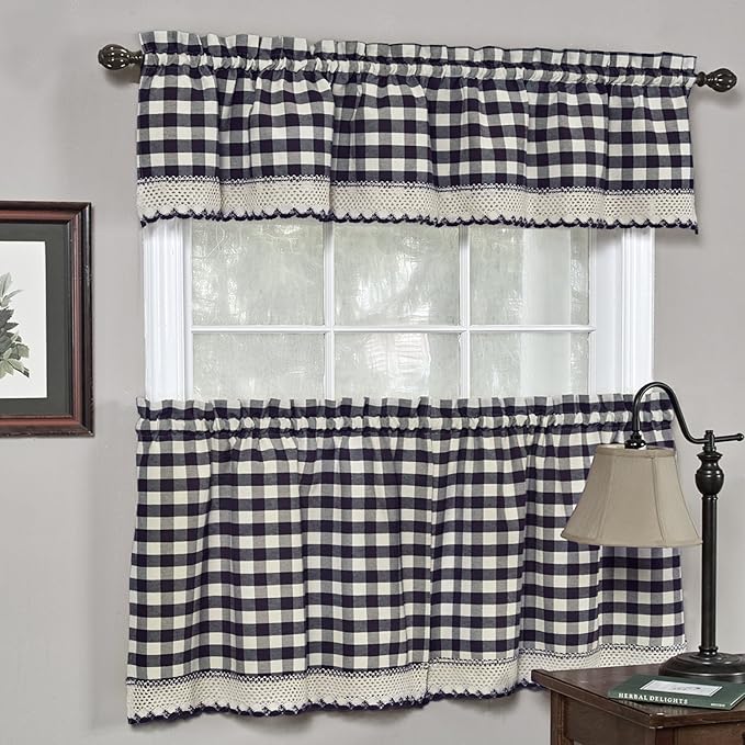 Sweet Home Collection Kitchen Window Curtain Panel Treatment Decorative Buffalo Check Design, 24" Tier, Navy