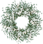 Sggvecsy Artificial Greenery Leaves Wreath for Front Door 22 Inch Greenery Boxwood Wreath with Flocked Lambs Ear White Berries for Spring Summer Farmhouse Wall Home Indoor Outdoor Decor