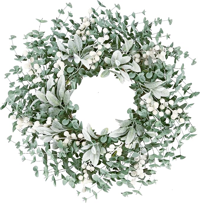 Sggvecsy Artificial Greenery Leaves Wreath for Front Door 22 Inch Greenery Boxwood Wreath with Flocked Lambs Ear White Berries for Spring Summer Farmhouse Wall Home Indoor Outdoor Decor