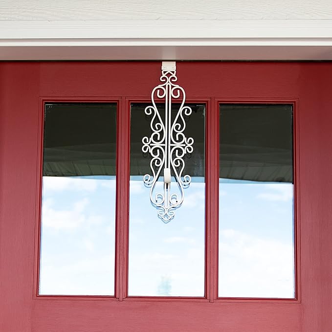 [Front Door Wreath Hanger] - Colonial Design | Adjustable Hook Length for Tall and Small Doors | Padding to Prevent Damage Like Scratch and Dents | Heavy Duty Cast Iron Metal Hangar - (White)