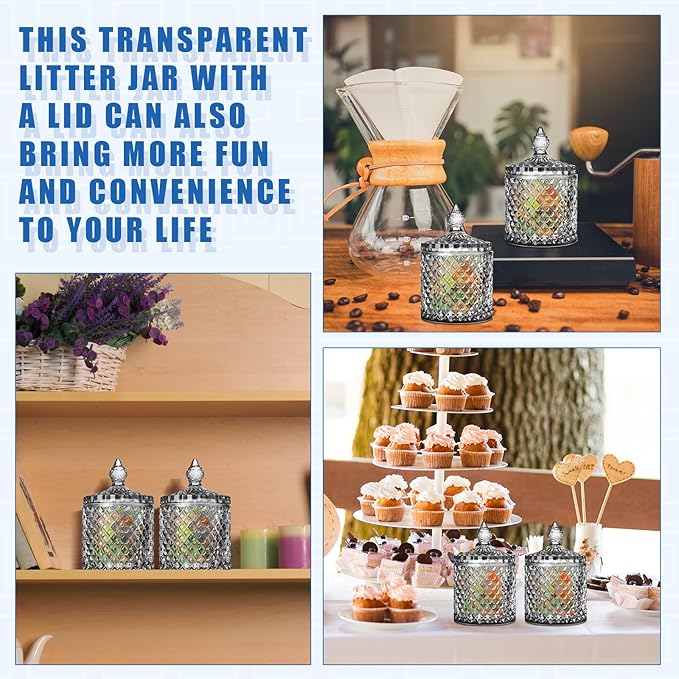 Aoriher 4 Pcs Crystal Glass Candy Jar Set with Lids Home Decorative Storage Jars for Apothecary, Bathroom, Kitchen, and Pantry, Ideal for Cotton Swabs and Jewelry(Medium,Gray)