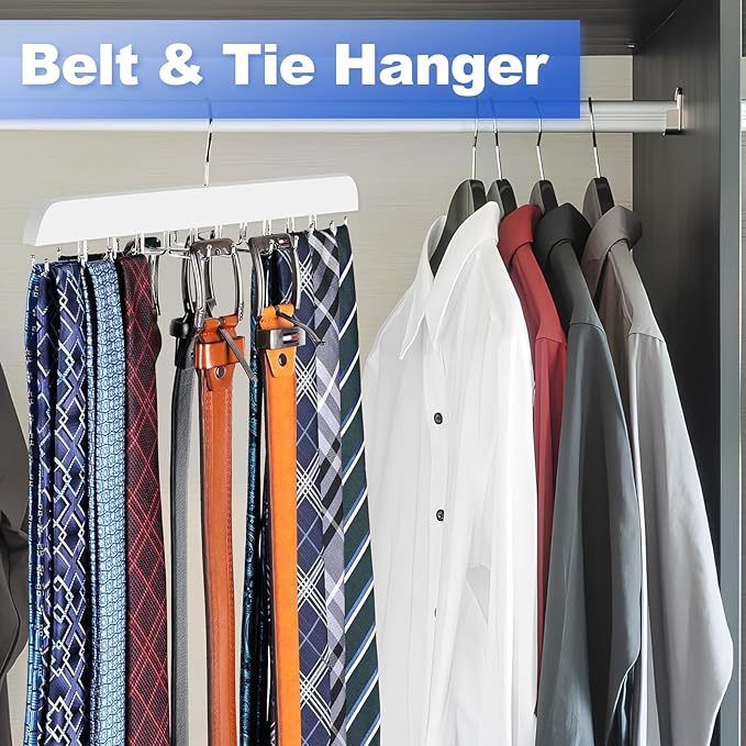 Upgraded Tie Rack Hanger with 20 Foldable Metal Hooks, Space Saving Necktie Organizer for Men – Large Capacity Tie and Belt Wooden Hanger for Closet - White