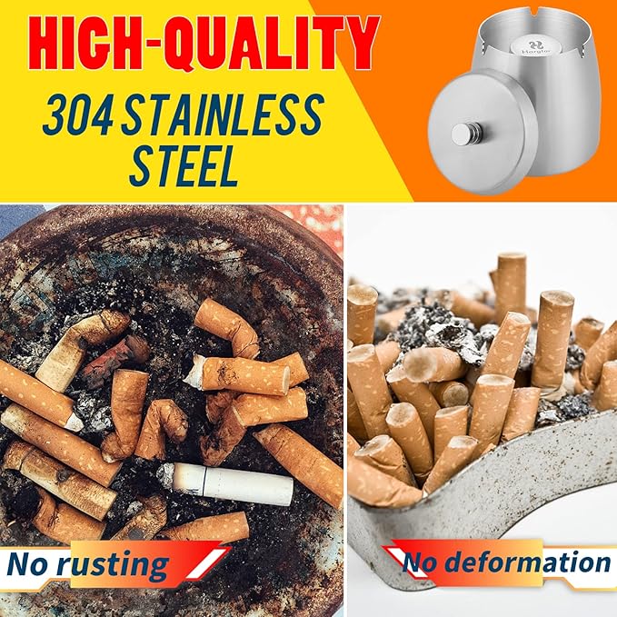Smokeless Ashtrays For Cigarettes Indoor, Ash Tray Sets Cigarettes Outdoor Ashtrays for Patio Windproof Cute Vintage Home Fancy Stainless Steel Metal Outside Ashtray With Lid, Small