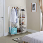Finnhomy Metal Clothes Closet Rack, Clothing Rack for Hanging Clothes White Heavy Duty Garment Rack with 5 Wood Shelves Freestanding Portable Closet Organizer for Bedroom/Entryway/Boutiques