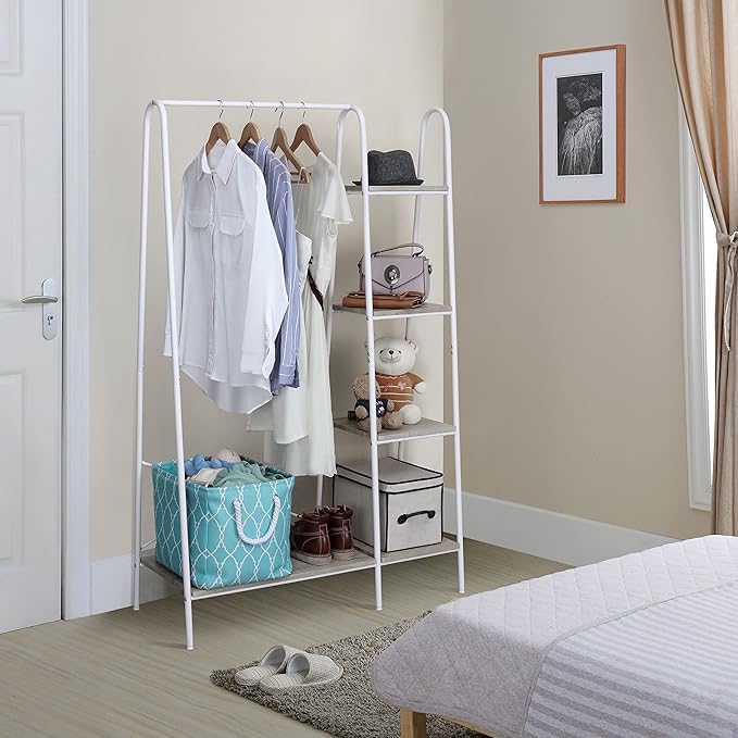 Finnhomy Metal Clothes Closet Rack, Clothing Rack for Hanging Clothes White Heavy Duty Garment Rack with 5 Wood Shelves Freestanding Portable Closet Organizer for Bedroom/Entryway/Boutiques