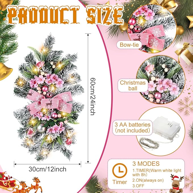 Lyrow 4 Pcs Cordless Prelit Christmas Artificial Swags 24" Xmas Stairway Swag Teardrop Trim with Timer Christmas Staircase Decoration Battery Operated Garland for Indoor Outdoor Railing Decor, Pink