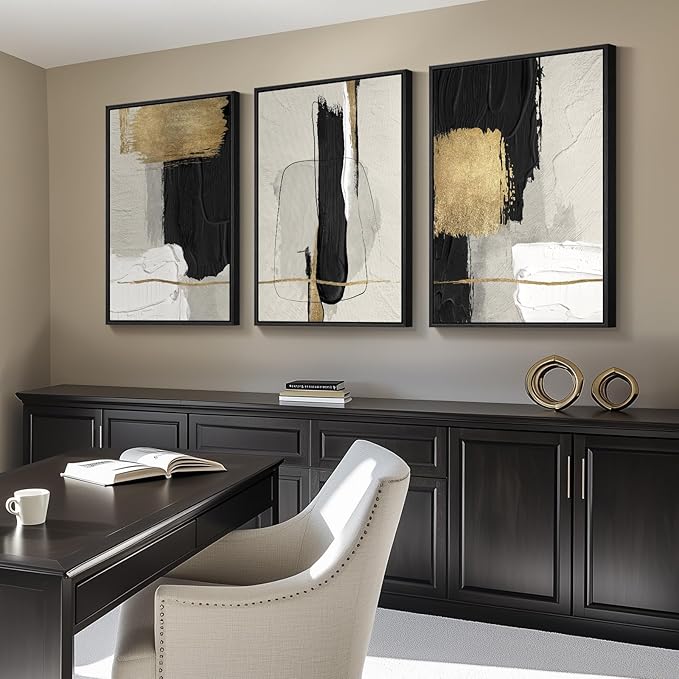 Large Framed Black and White Abstract Wall Art, 3 Piece Modern Canvas Prints Paintings Artwork for Walls, Minimalist Black Beige Gold Pictures for LIving Room Bedroom Office Wall Decor Total 30x60 In