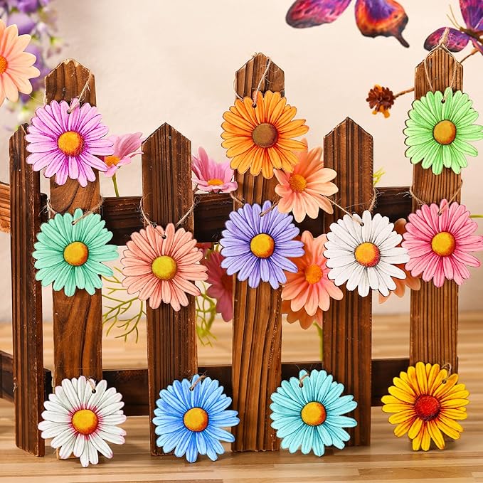 Maitys 36 Pcs Spring Flower Ornaments for Tree Hawaiian Wooden Flower Decorate Wooden Hibiscus Daisy Hanging Decor for Birthday Wedding Baby Shower Themed Summer Holiday Party Decoration (Daisy)
