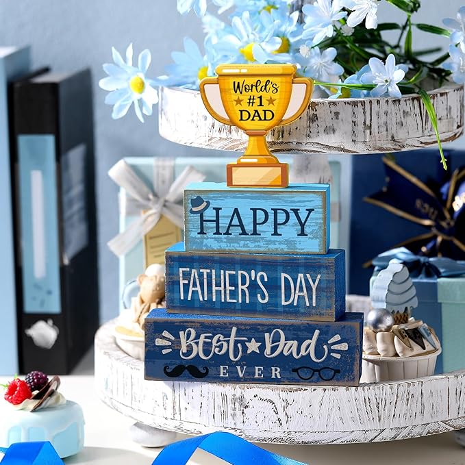 Yuntau 4 Pcs Father's Day Decorations Happy Father's Wooden Tabletop Tiered Tray Decor Rustic Best Dad Ever Trophy Block Table Sign Centerpiece for Farmhouse Shelf Office Birthday Party Gift
