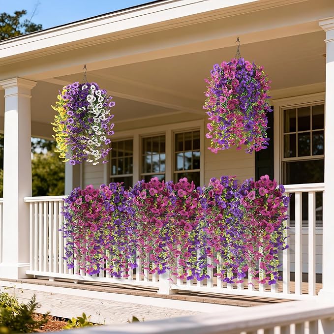 Fake Artificial Flowers for Outdoors, 4 Pcs Faux Hanging Pansy Flowers Spring Summer Decor, UV Resistant No Fade Fake Plants Silk Flower for Planter Front Door Porch Patio Yard Garden(Purple Rose Red)
