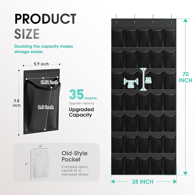 WVM Over The Door Shoe Organizer with 35 Breathable Mesh Pockets, Hanging Shoe Organizer for Door with 4 Metal Hooks, Large Capacity Closet Storage for Shoes, Accessories
