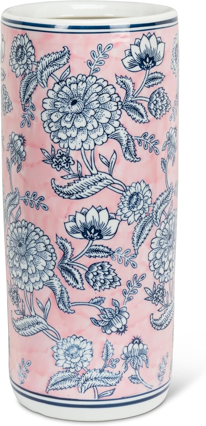 Abbott Collection Floral Print Patterned Umbrella Stand - Porcelain, Pink/Blue (18" H)