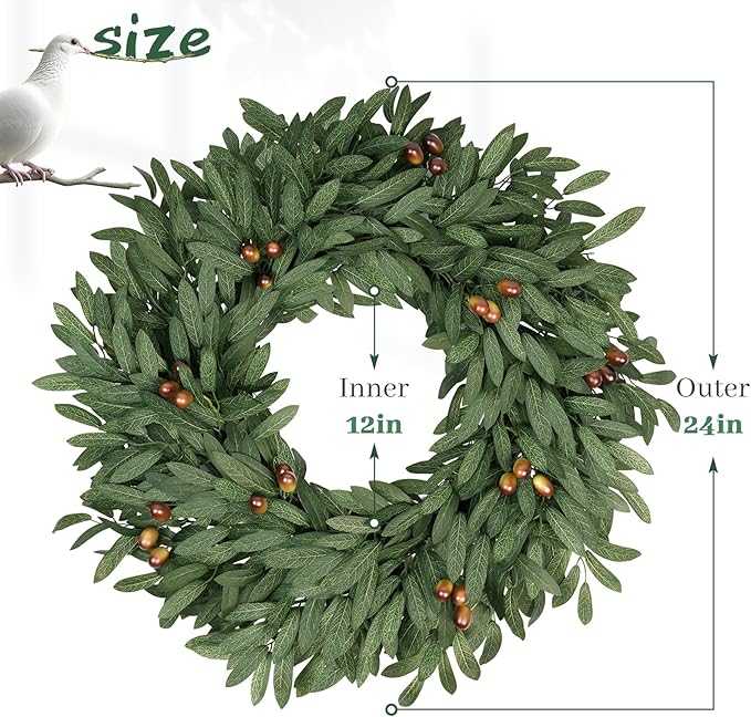 Olive Eucalyptu Wreaths for Front Door 24 Inch, Artificial Waterproof Green Lush Olive Branch Wreath with Berry for Home Outdoor Indoor Farmhouse Window Spring Summer All Seasons
