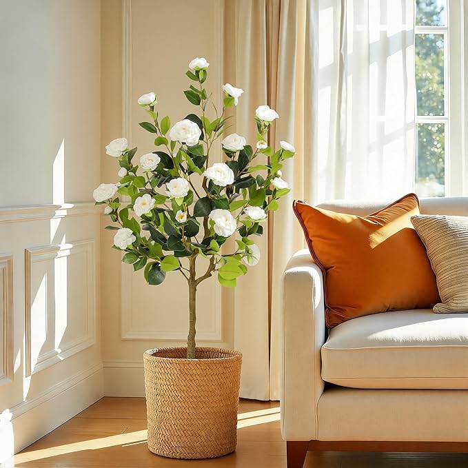 Bellacat 4ft Artificial Camellia Tree with Silk White Flowers, 48in Faux Camellia Plant with Lifelike Trunk, Fake Flower Tree Potted Front Door Plants for Porch Patio Deck Living Room Decor, 2Pack