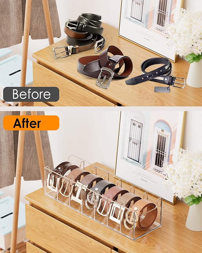 MaxGear Belt Organizer, Acrylic 7 Compartment Belt Storage Rack for Closet, Clear Display Case for Belts, Ties, and Bow Ties