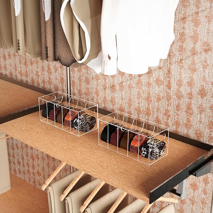 Acrylic Belt Organizer Holder for Closet with Dust Cover Lid - Clear Storage Display Case for Drawer - 5 Compartments