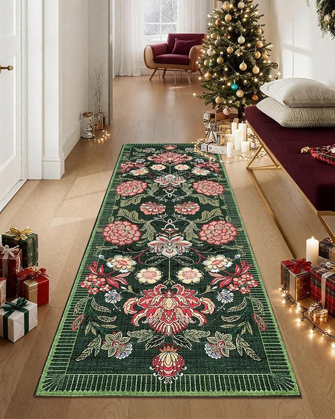 GarveeHome Forest Green Floral Botanical 2.5x8 Washable Kitchen Runner Rugs Non Slip Vintage Boho Cottage Long Rug for Hallways Bedroom Entryway Bathroom Mat with Rubber Back