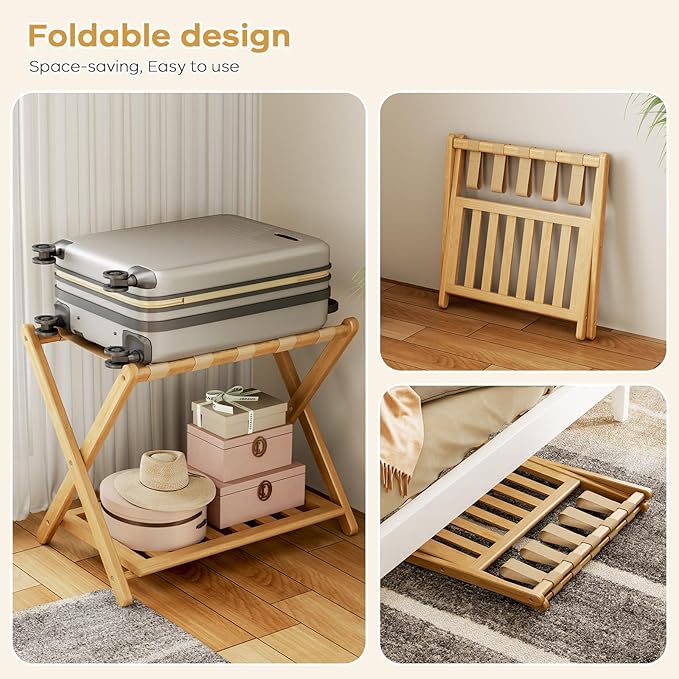 Full Assembled 26.77"L Luggage Rack for Guest Room, Set of 1 Foldable Suitcase Stand with 5 Nylon Straps, Luggage Holder with Shoe Shelf for Suitcases, Hotel (Natural Wood Bamboo Luggage Stands)