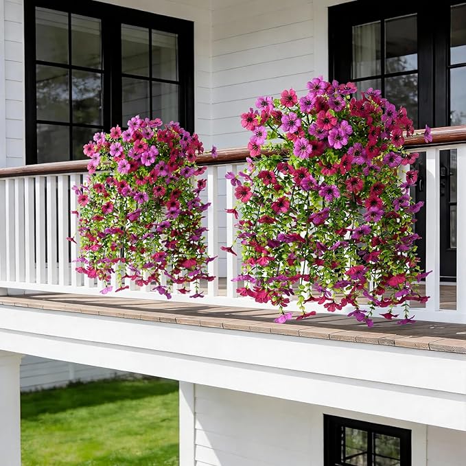 INQCMY Artificial Hanging Flowers with Basket for Spring Outdoor Decoration 3 Bunches of Silk Daisy Flower Uv Resistant for Garden Porch Patio Balcony Yard Decor (Purple Red)