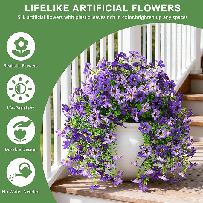 INQCMY Artificial Flowers for Outdoor Faux Hanging Plants Spring Outside Decoration,2Bundles Fake Silk Flowers Realistic Outdoor Flowers No Fade UV Resistant Porch Patio Window Yard Balcony Decor
