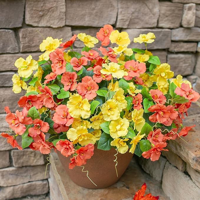 Fake Hibiscus Artificial Flowers for Outdoors Spring Summer Decoration, 6 Bundles Silk Hibiscus Flowers Bouquet UV Resistant Look Real Faux Plants for Outside Planter Front Door Porch Balcony, 2MixHC