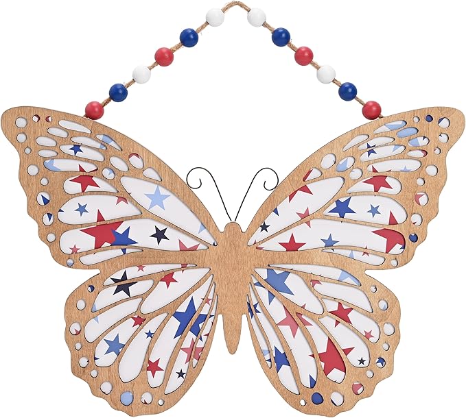 Valery Madelyn 4th of July Wreath, Patriotic Wreath for Front Door, Red White and Blue Butterfly Decor, Wooden Americana Sign for 4th of July Independence Day USA 250th Anniversary, 16 Inch