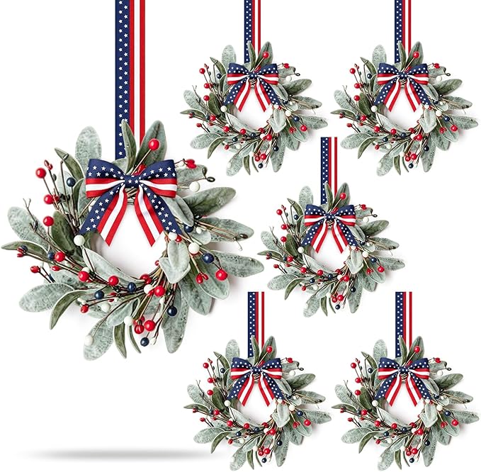 6 PCS Patriotic 4th of July Hanging Wreaths for Cabinets Small Independence Day Wreaths for Front Door with Red White Blue Berries & Lamb's Leaves Memorial Day Labor Day Mini Wreath for Home Decor