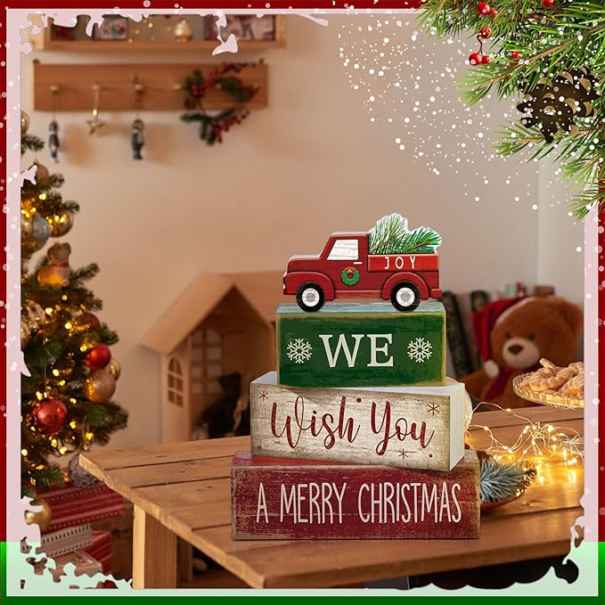 Lineshading 4 Pcs Rustic Christmas Decor Wooden Red Truck Winter Tiered Tray Decor Merry Christmas Table Centerpiece Wood Red Truck Block Sign Gift Farmhouse for Home Kitchen Tabletop Office Shelf