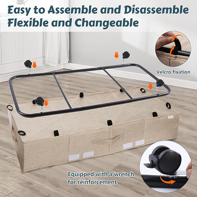 Under Bed Storage with Wheels, Rolling Underbed Storage Containers with Lids, Under Bed Shoe Storage Bins Organizer with Reinforced Metal Bottom Support and Three Handles